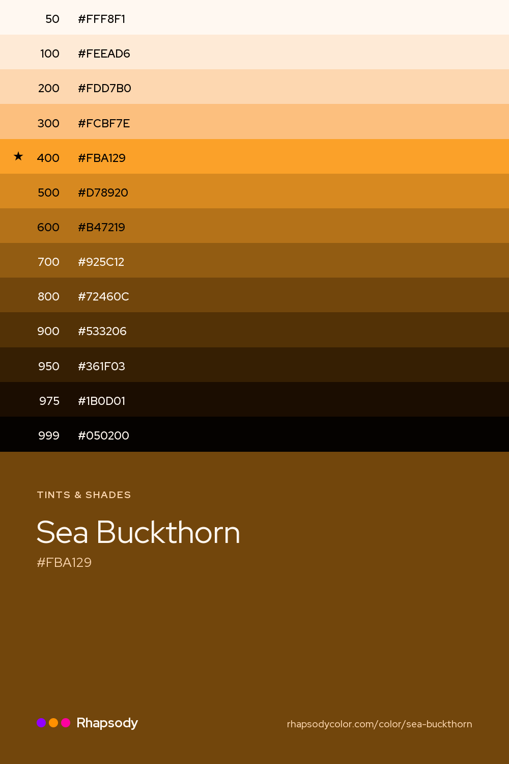 The full tonal scale of Sea Buckthorn, 13 steps from light to dark with every hex, from Rhapsody