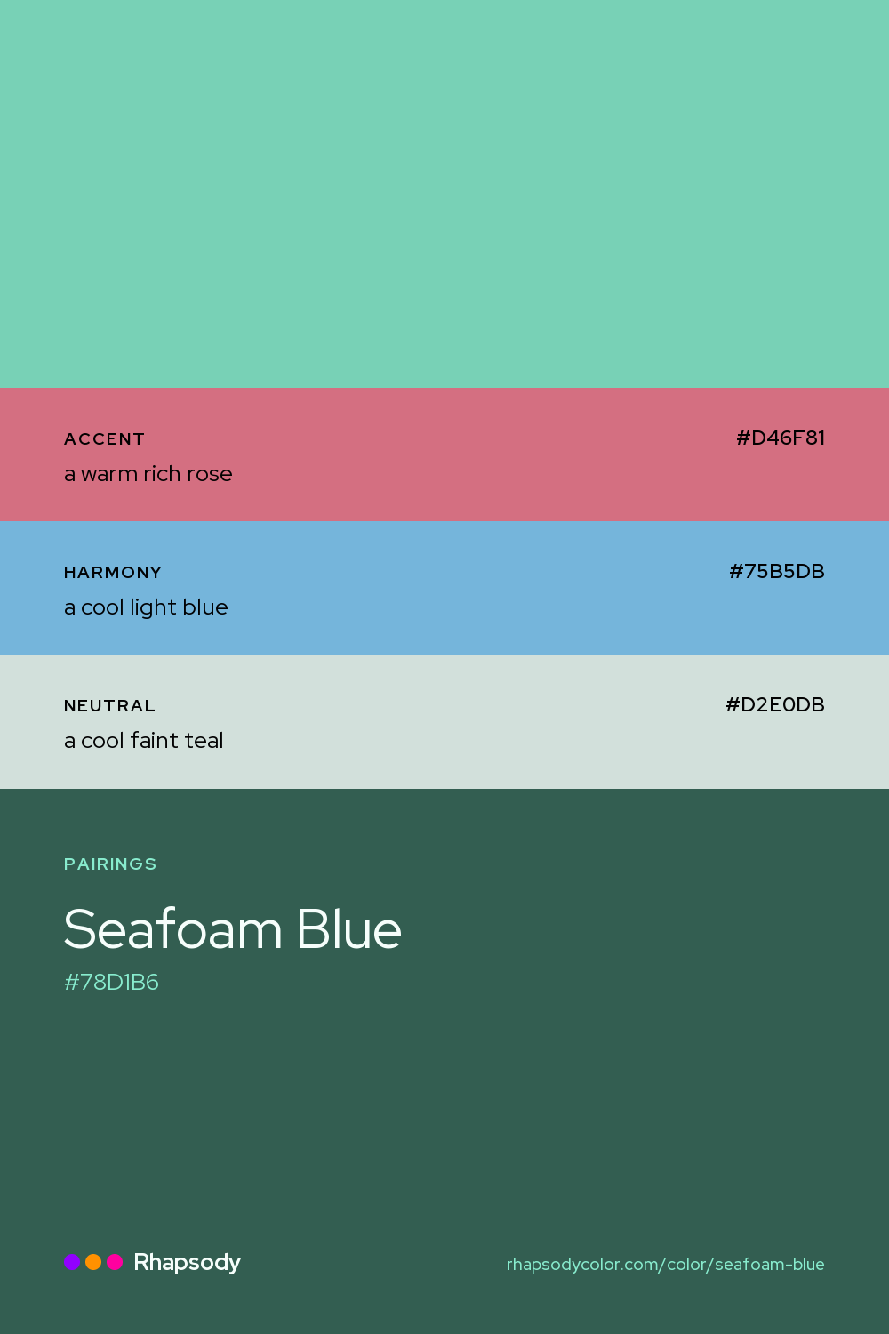 Seafoam Blue paired with a warm rich rose #D46F81, a cool light blue #75B5DB, a cool faint teal #D2E0DB: hex values and roles, from Rhapsody