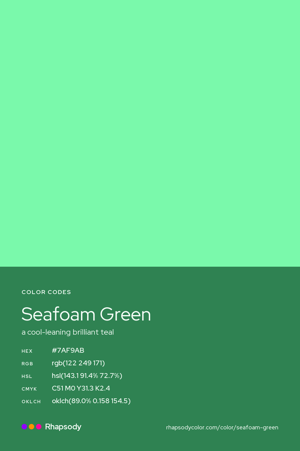 Seafoam Green color codes: hex #7AF9AB, RGB, HSL, CMYK, and OKLCH, from Rhapsody