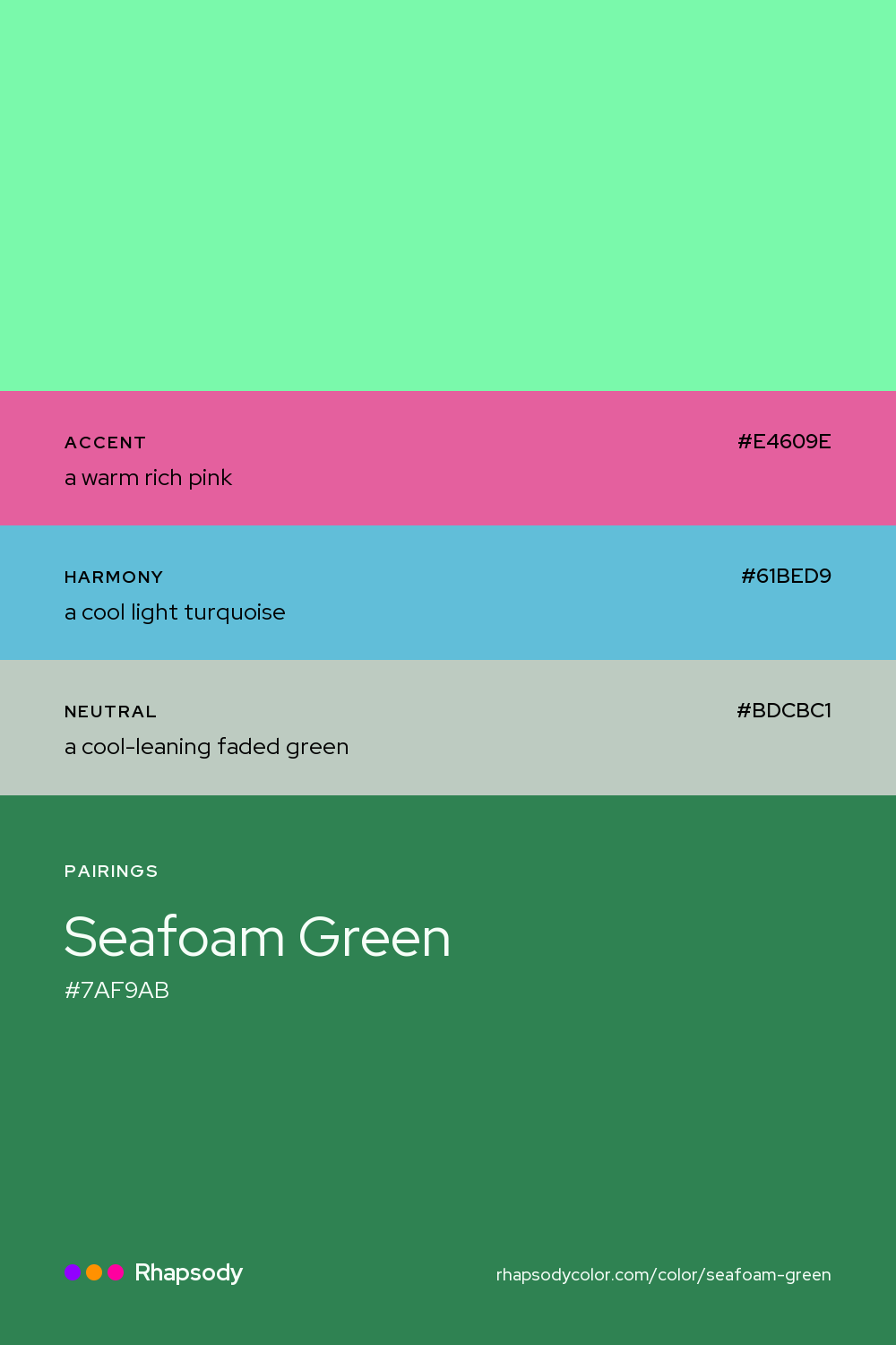 Seafoam Green paired with a warm rich pink #E4609E, a cool light turquoise #61BED9, a cool-leaning faded green #BDCBC1: hex values and roles, from Rhapsody