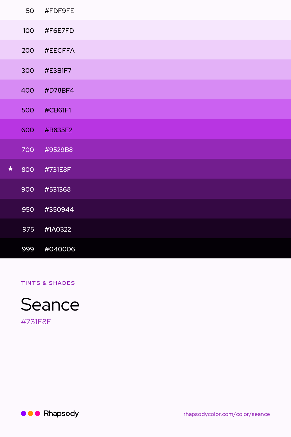 The full tonal scale of Seance, 13 steps from light to dark with every hex, from Rhapsody