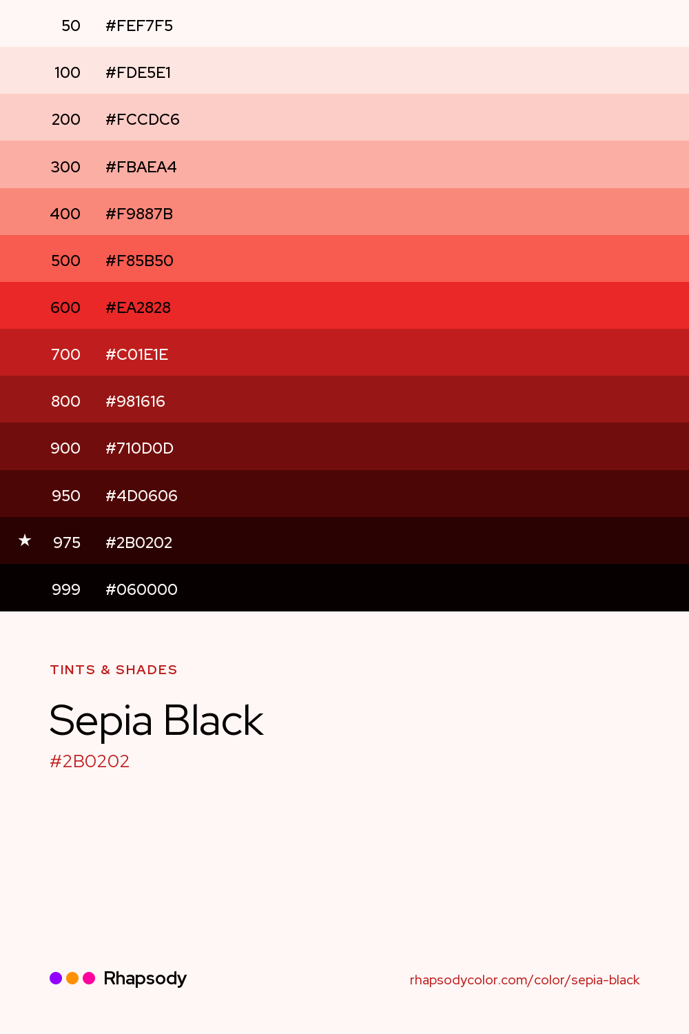 The full tonal scale of Sepia Black, 13 steps from light to dark with every hex, from Rhapsody