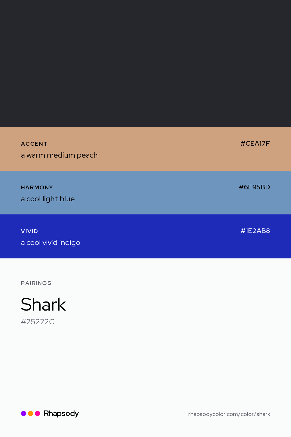 Shark paired with a warm medium peach #CEA17F, a cool light blue #6E95BD, a cool vivid indigo #1E2AB8: hex values and roles, from Rhapsody