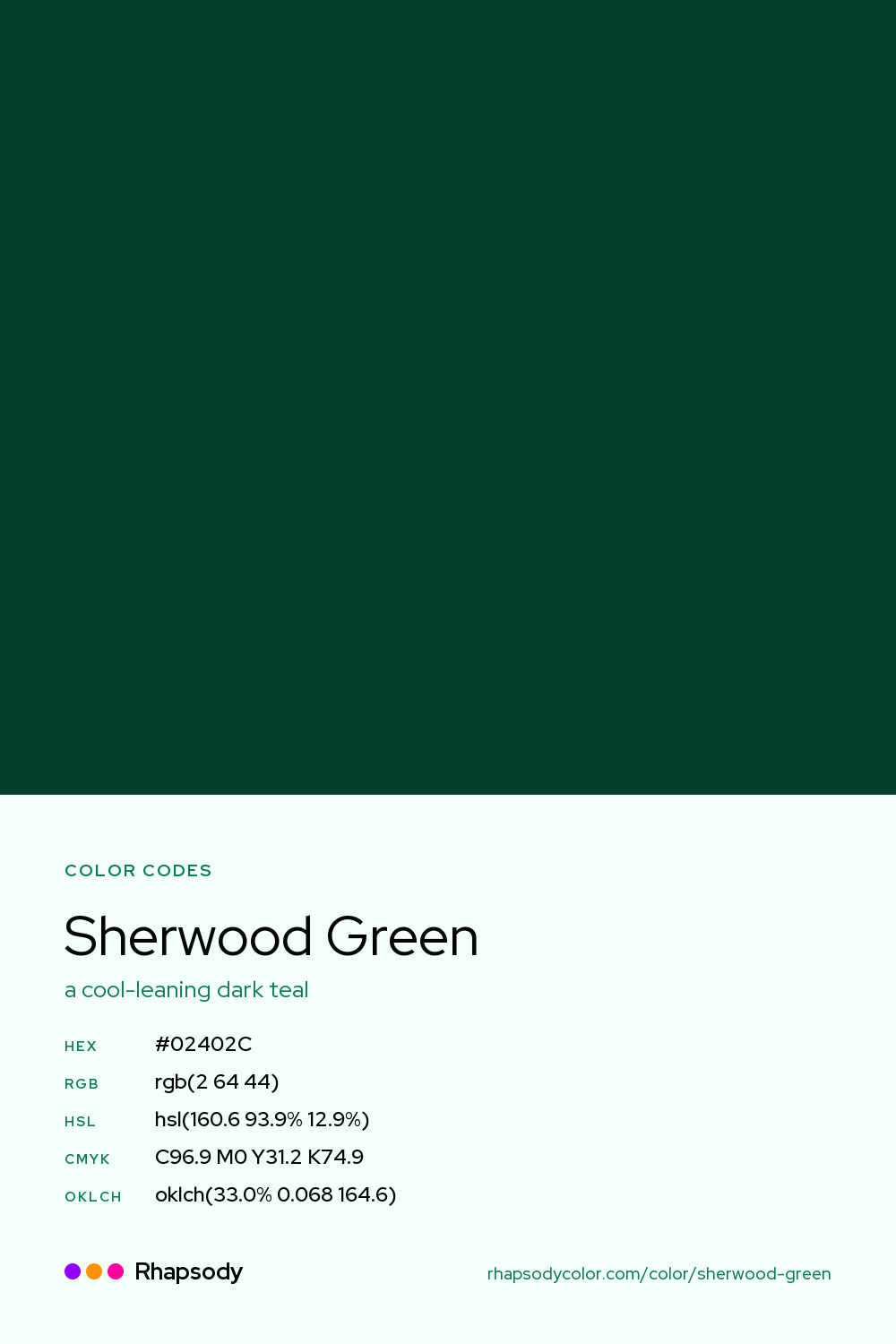 Sherwood Green color codes: hex #02402C, RGB, HSL, CMYK, and OKLCH, from Rhapsody