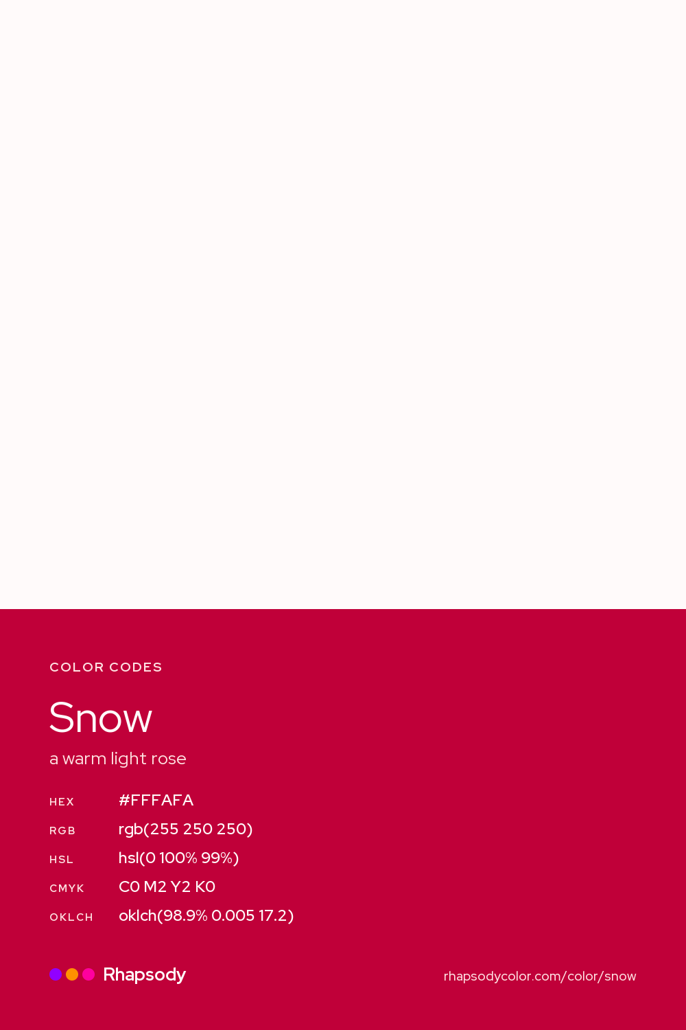 Snow color codes: hex #FFFAFA, RGB, HSL, CMYK, and OKLCH, from Rhapsody