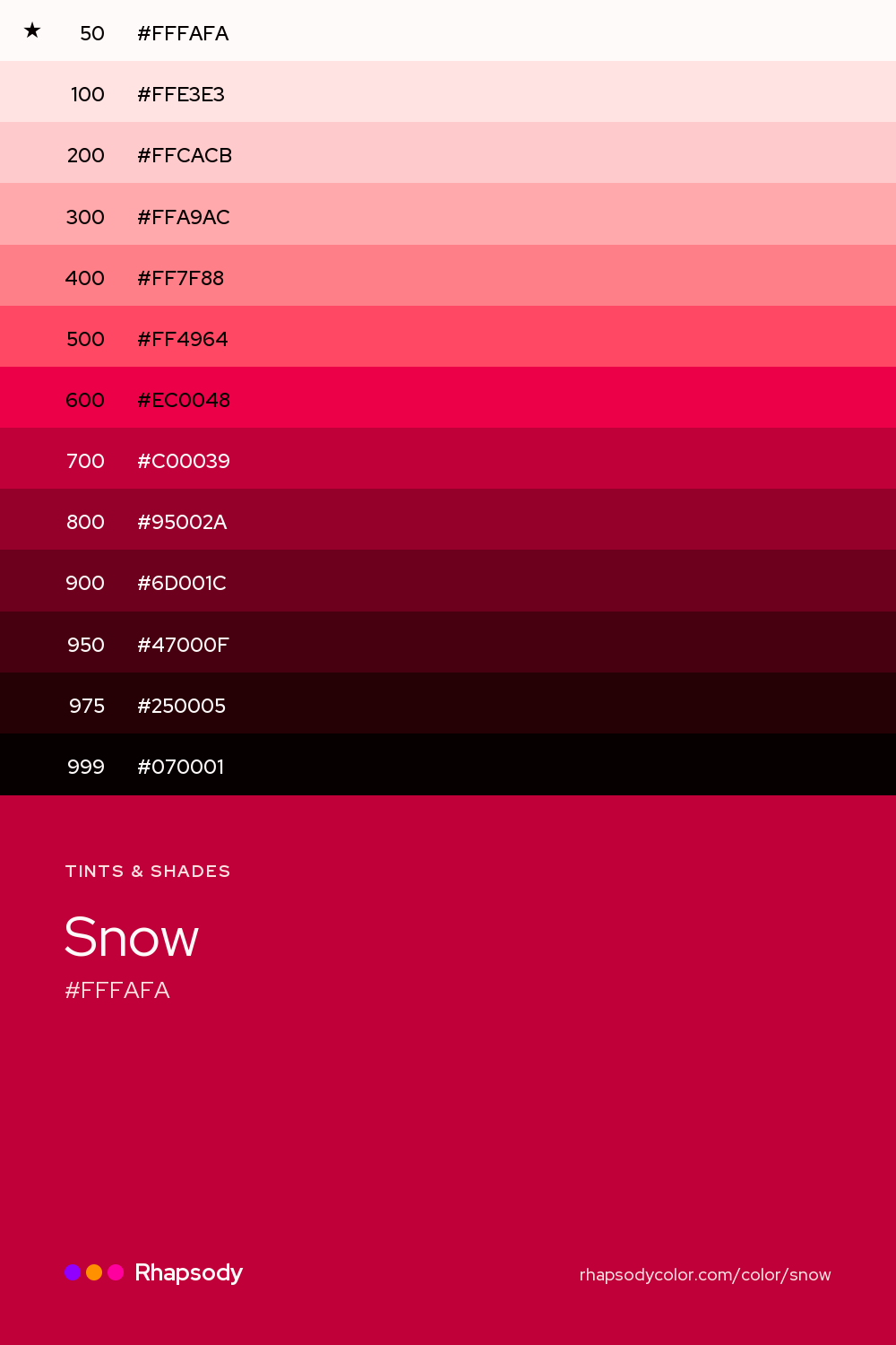 The full tonal scale of Snow, 13 steps from light to dark with every hex, from Rhapsody