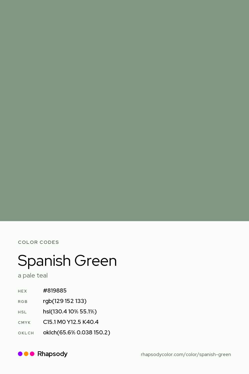 Spanish Green color codes: hex #819885, RGB, HSL, CMYK, and OKLCH, from Rhapsody