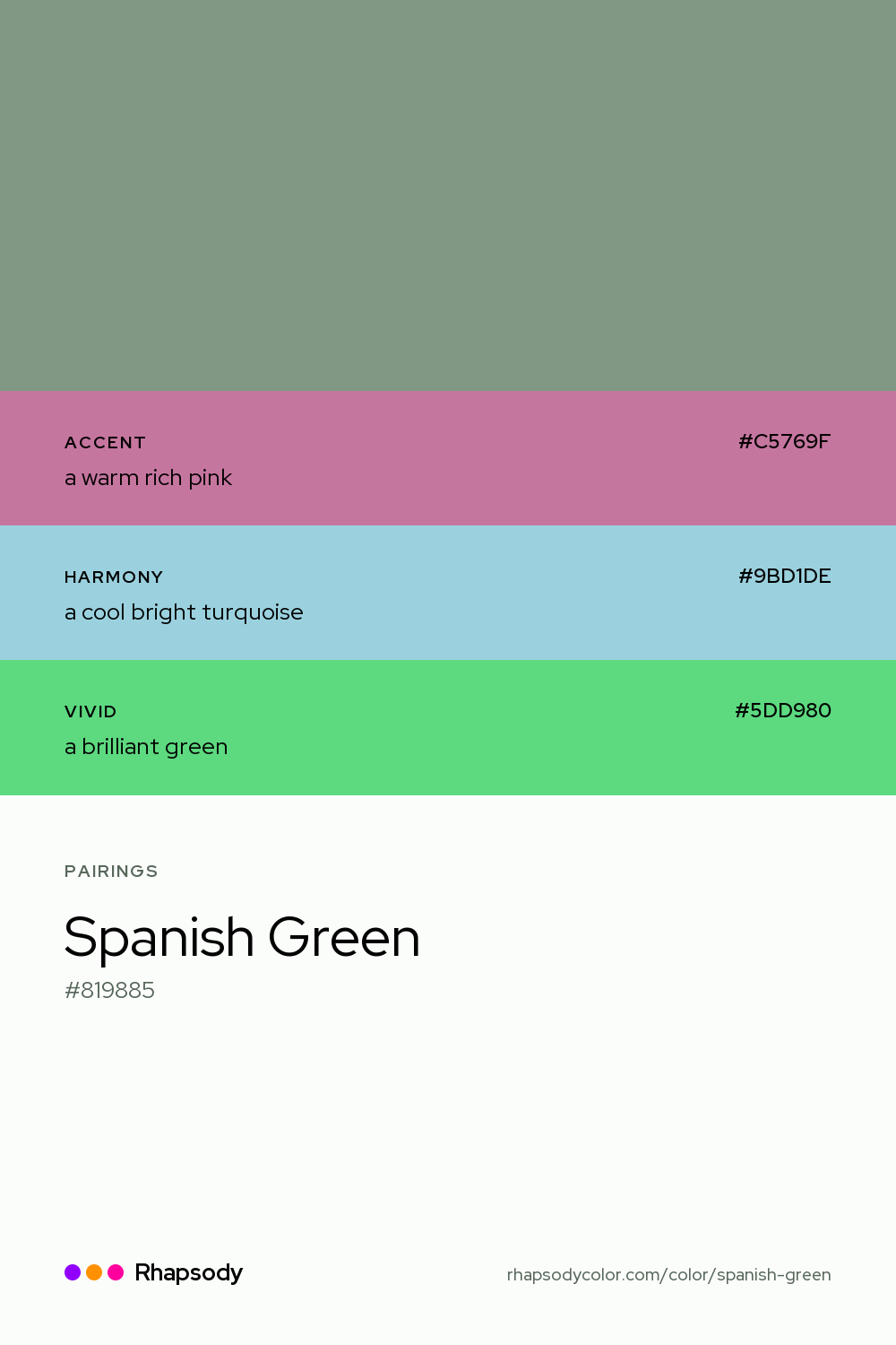 Spanish Green paired with a warm rich pink #C5769F, a cool bright turquoise #9BD1DE, a brilliant green #5DD980: hex values and roles, from Rhapsody