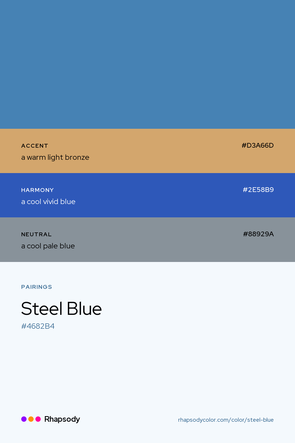 Steel Blue paired with a warm light bronze #D3A66D, a cool vivid blue #2E58B9, a cool pale blue #88929A: hex values and roles, from Rhapsody