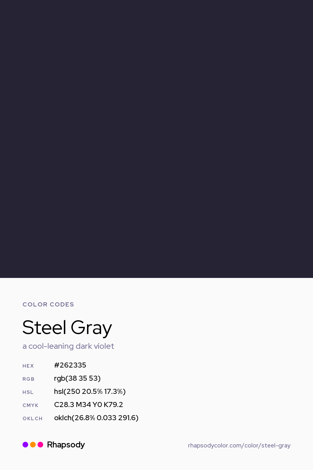 Steel Gray color codes: hex #262335, RGB, HSL, CMYK, and OKLCH, from Rhapsody