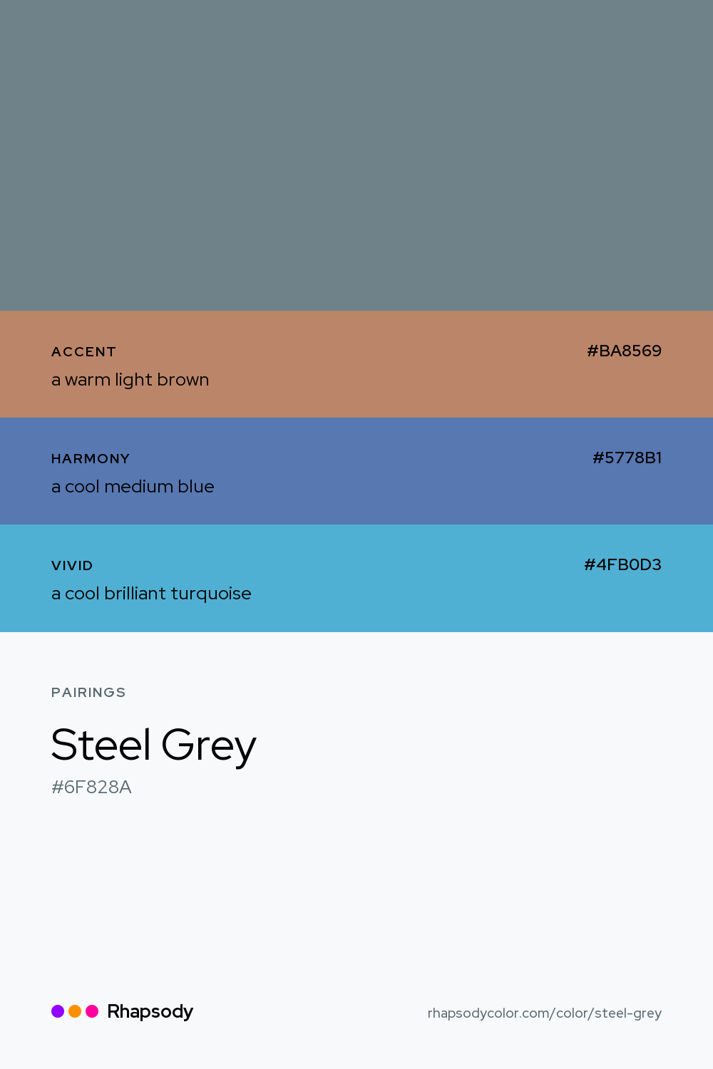 Steel Grey paired with a warm light brown #BA8569, a cool medium blue #5778B1, a cool brilliant turquoise #4FB0D3: hex values and roles, from Rhapsody