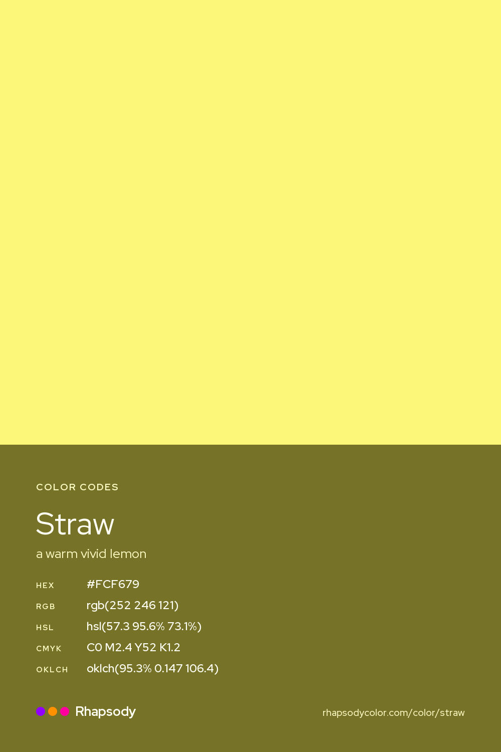 Straw color codes: hex #FCF679, RGB, HSL, CMYK, and OKLCH, from Rhapsody