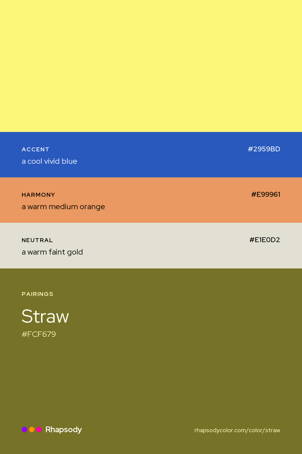 Straw paired with a cool vivid blue #2959BD, a warm medium orange #E99961, a warm faint gold #E1E0D2: hex values and roles, from Rhapsody