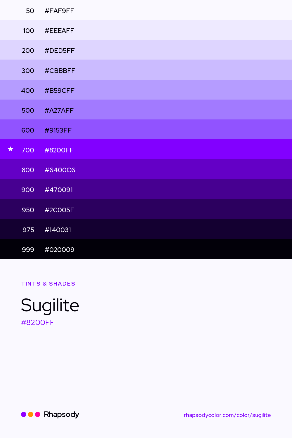 The full tonal scale of Sugilite, 13 steps from light to dark with every hex, from Rhapsody