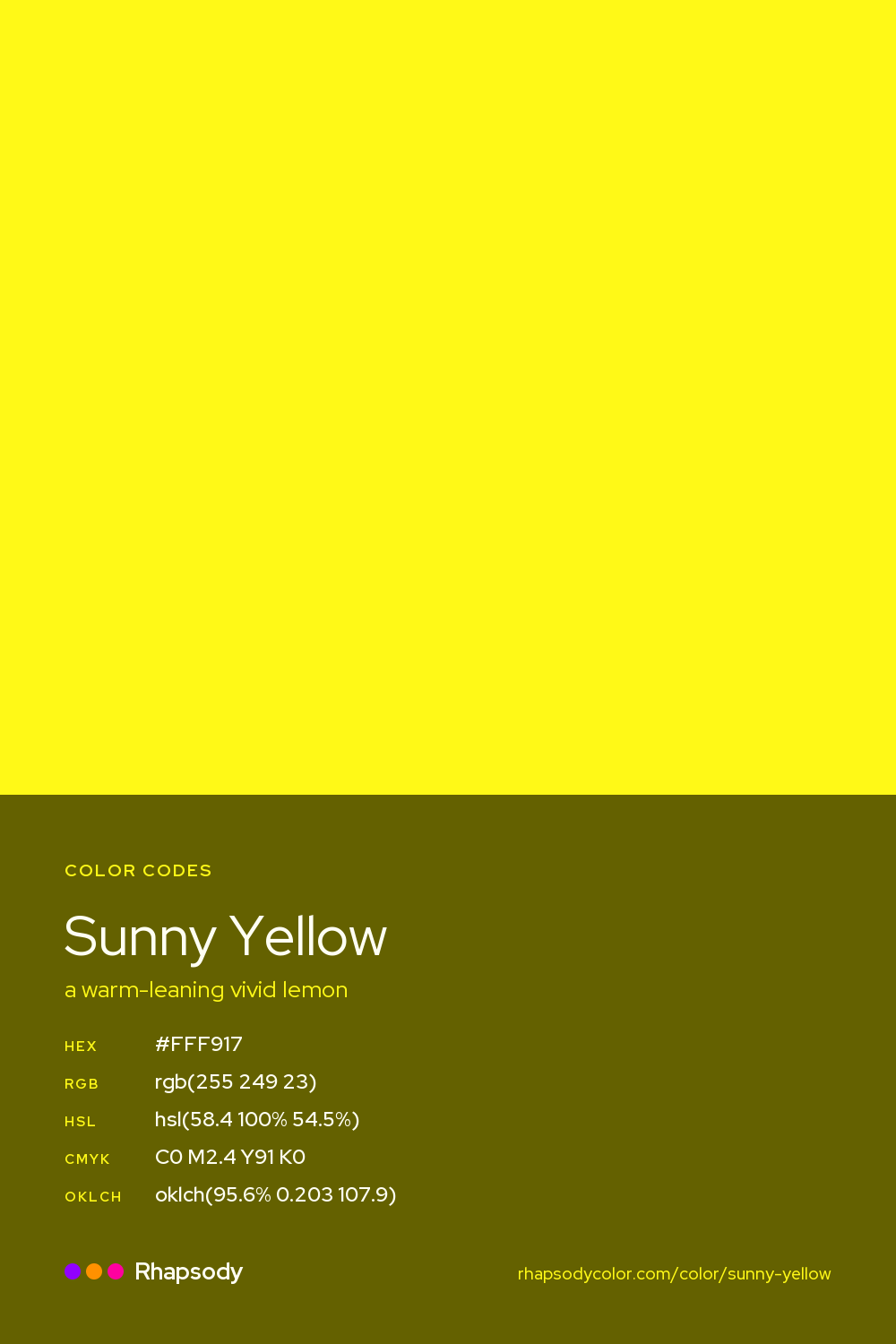 Sunny Yellow color codes: hex #FFF917, RGB, HSL, CMYK, and OKLCH, from Rhapsody