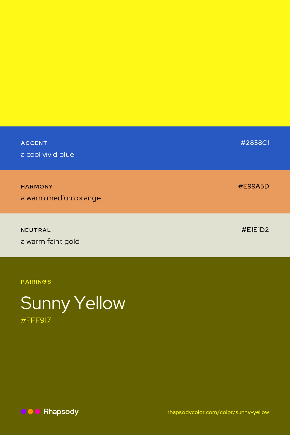 Sunny Yellow paired with a cool vivid blue #2858C1, a warm medium orange #E99A5D, a warm faint gold #E1E1D2: hex values and roles, from Rhapsody