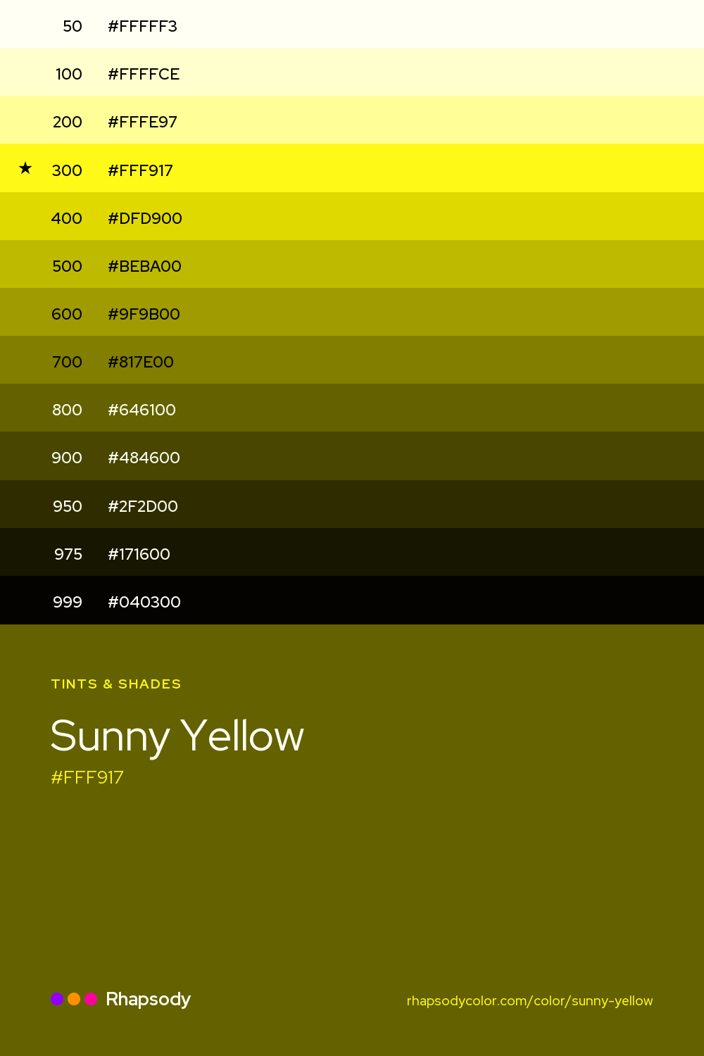 The full tonal scale of Sunny Yellow, 13 steps from light to dark with every hex, from Rhapsody