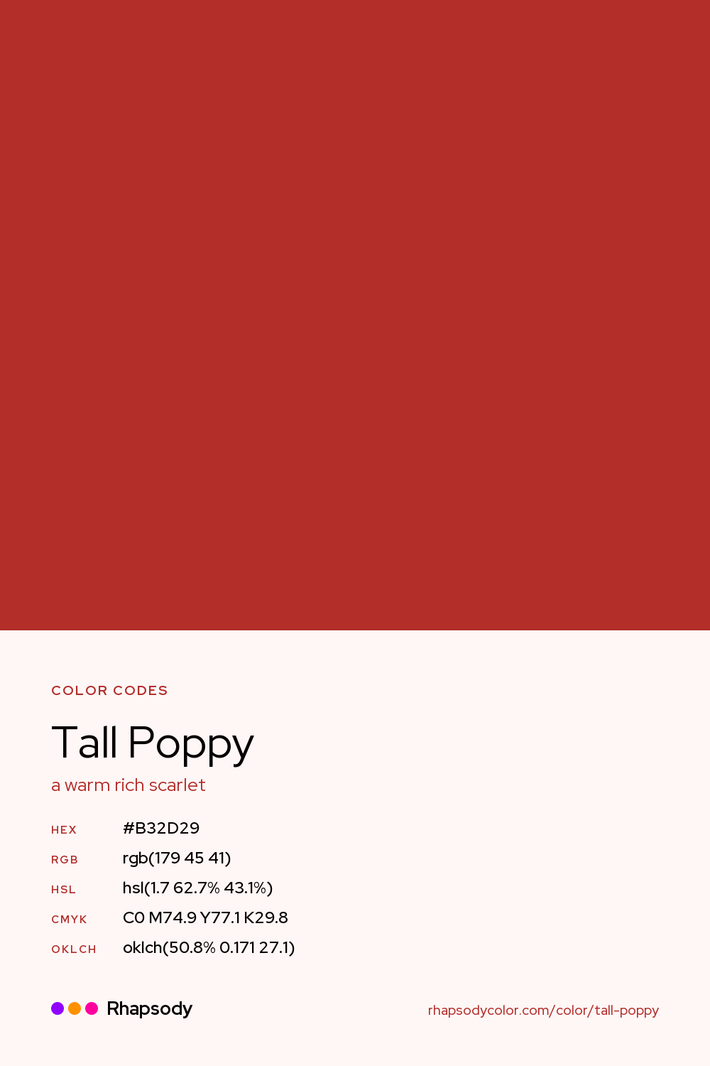 Tall Poppy color codes: hex #B32D29, RGB, HSL, CMYK, and OKLCH, from Rhapsody