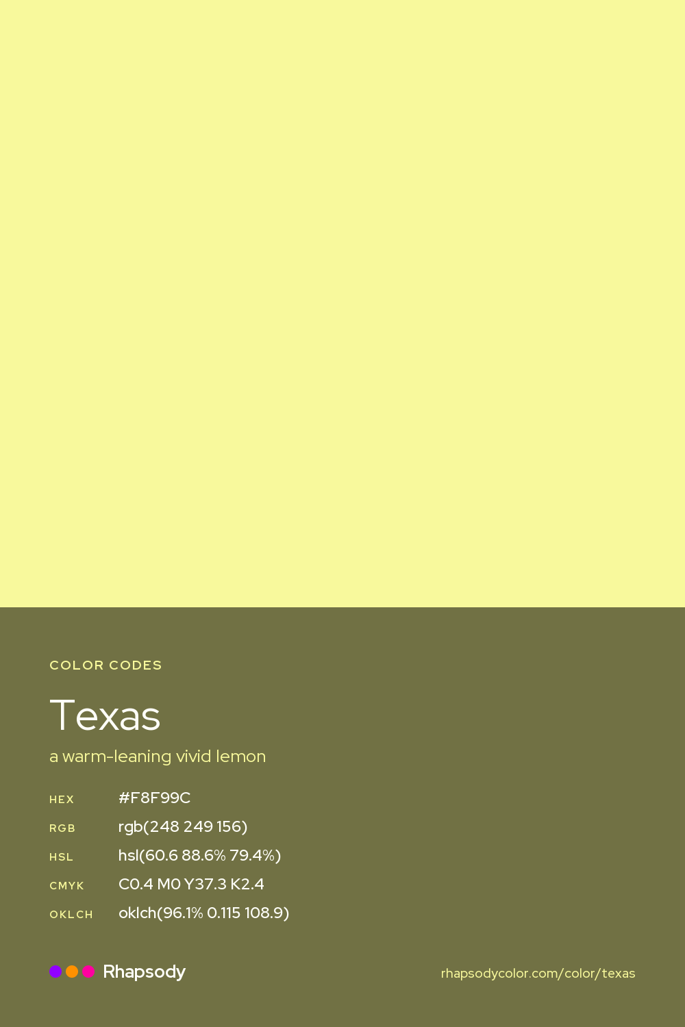 Texas color codes: hex #F8F99C, RGB, HSL, CMYK, and OKLCH, from Rhapsody