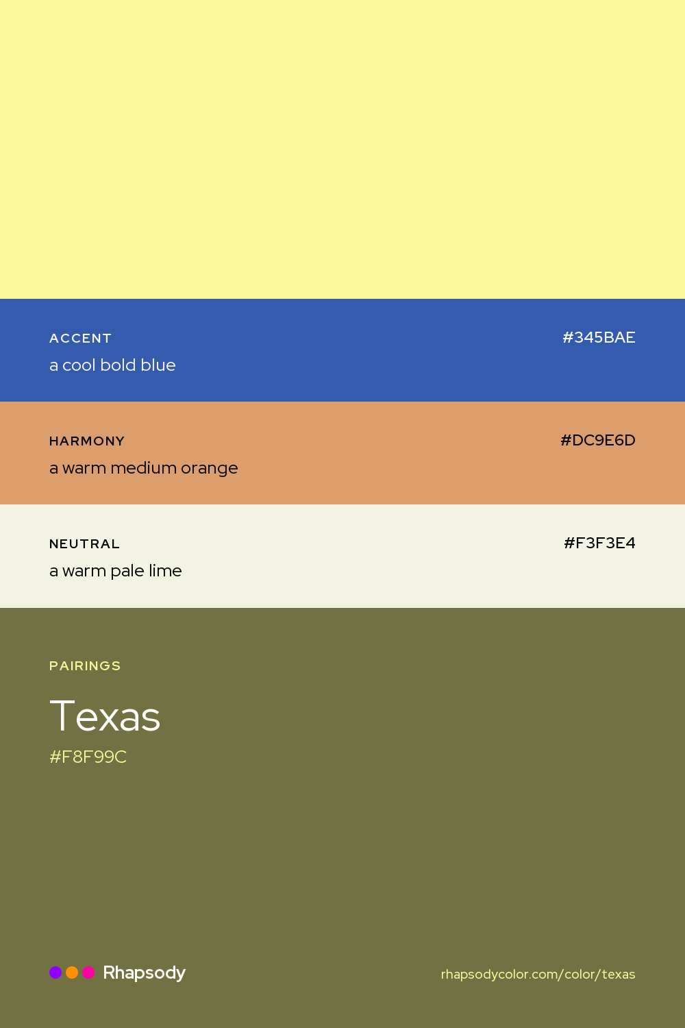 Texas paired with a cool bold blue #345BAE, a warm medium orange #DC9E6D, a warm pale lime #F3F3E4: hex values and roles, from Rhapsody