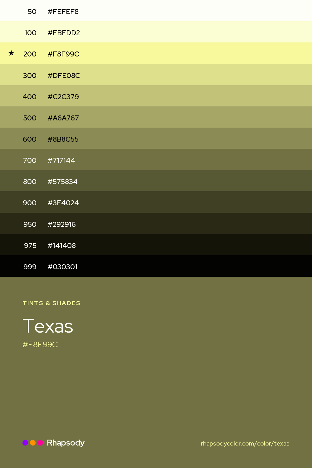 The full tonal scale of Texas, 13 steps from light to dark with every hex, from Rhapsody