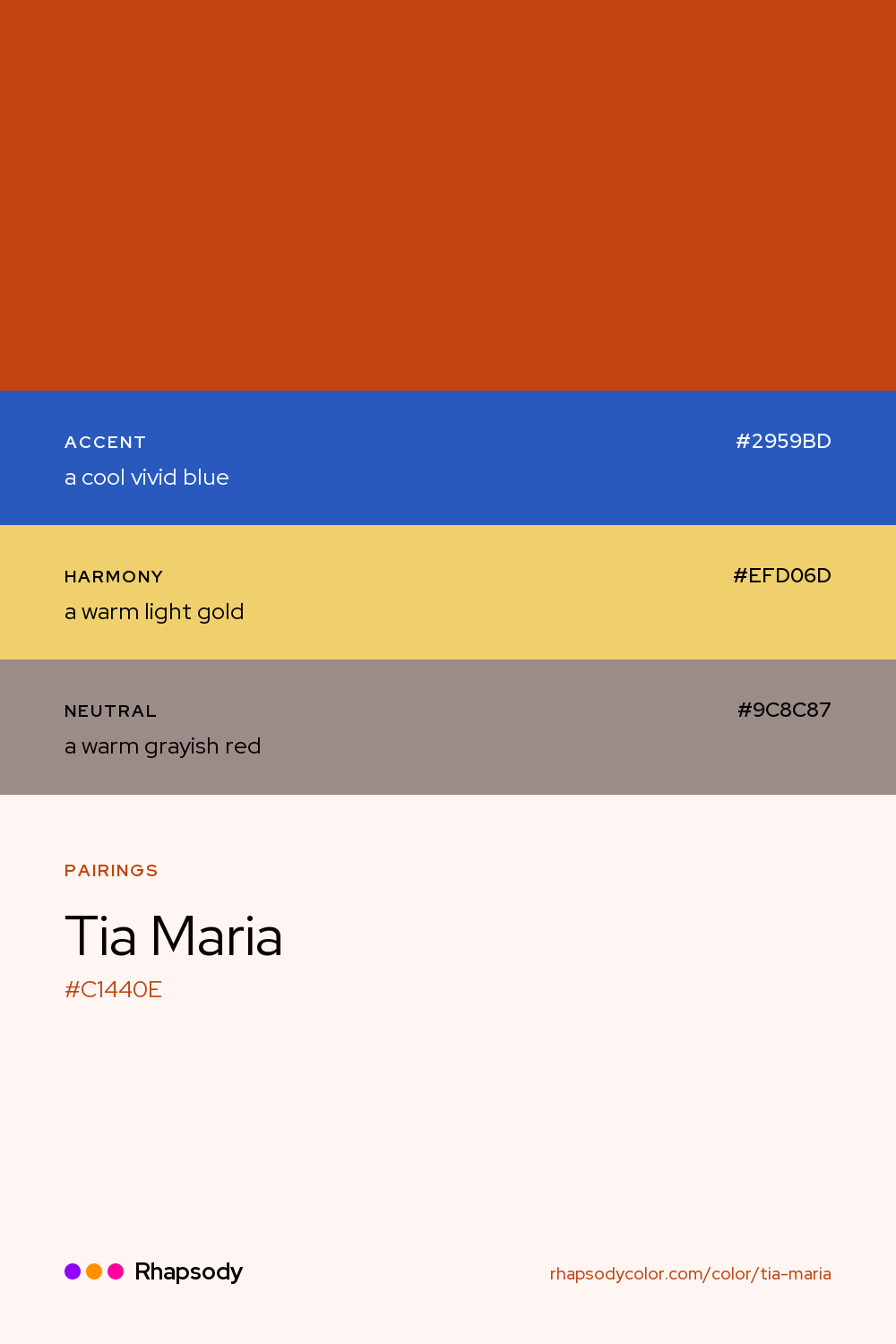 Tia Maria paired with a cool vivid blue #2959BD, a warm light gold #EFD06D, a warm grayish red #9C8C87: hex values and roles, from Rhapsody