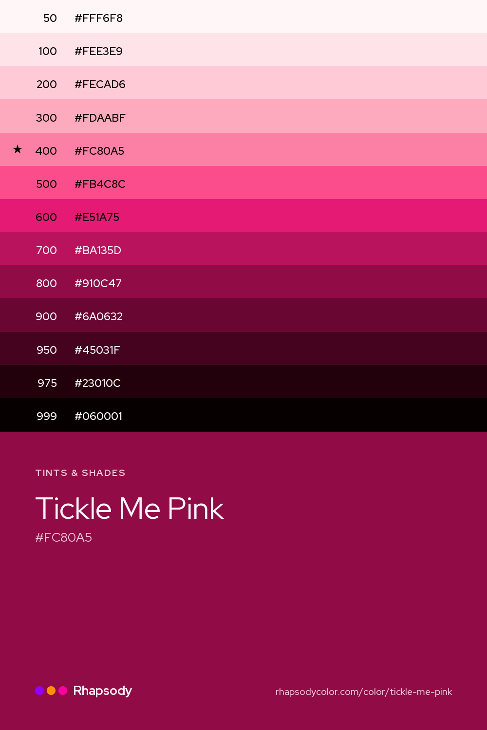 The full tonal scale of Tickle Me Pink, 13 steps from light to dark with every hex, from Rhapsody