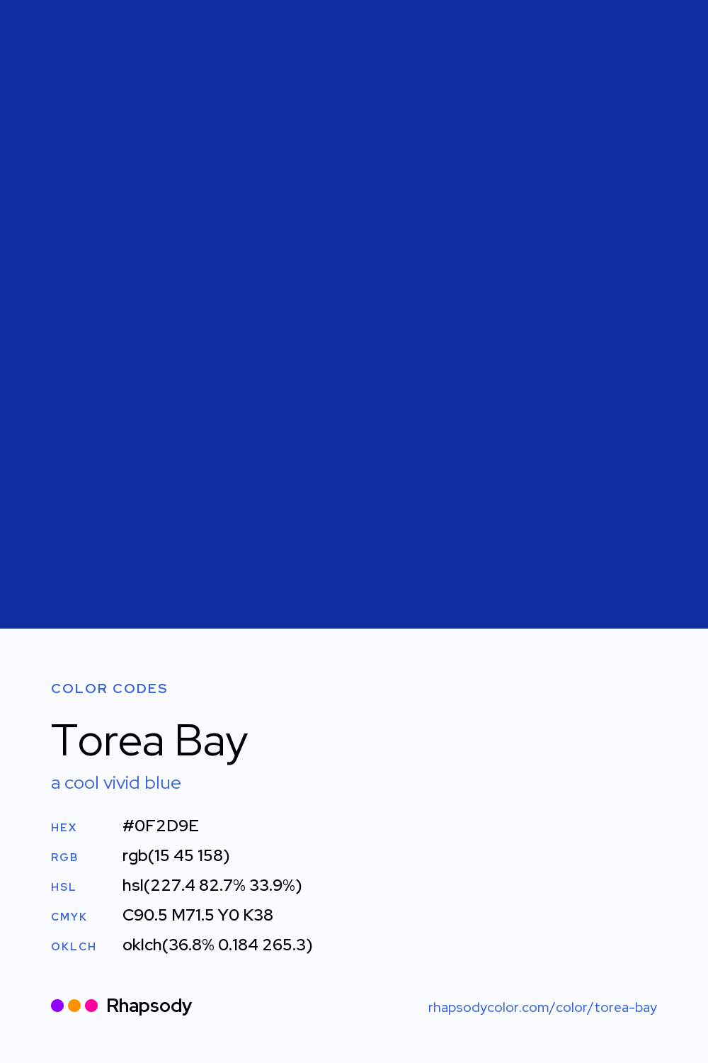 Torea Bay color codes: hex #0F2D9E, RGB, HSL, CMYK, and OKLCH, from Rhapsody