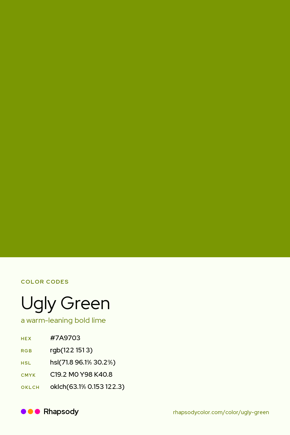 Ugly Green color codes: hex #7A9703, RGB, HSL, CMYK, and OKLCH, from Rhapsody