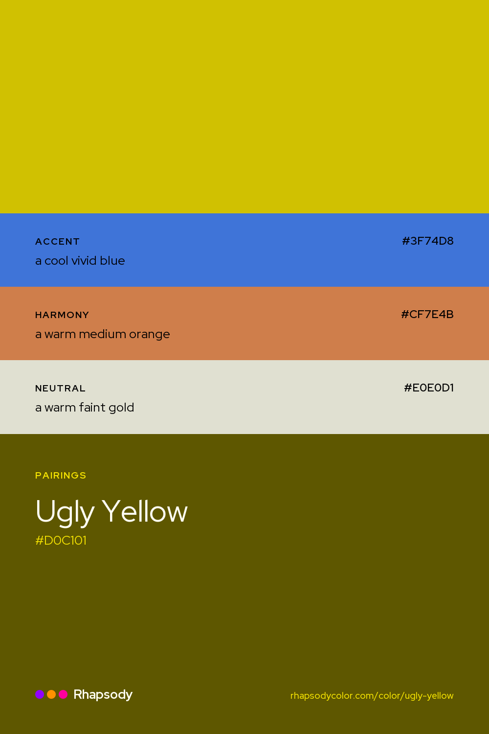 Ugly Yellow paired with a cool vivid blue #3F74D8, a warm medium orange #CF7E4B, a warm faint gold #E0E0D1: hex values and roles, from Rhapsody