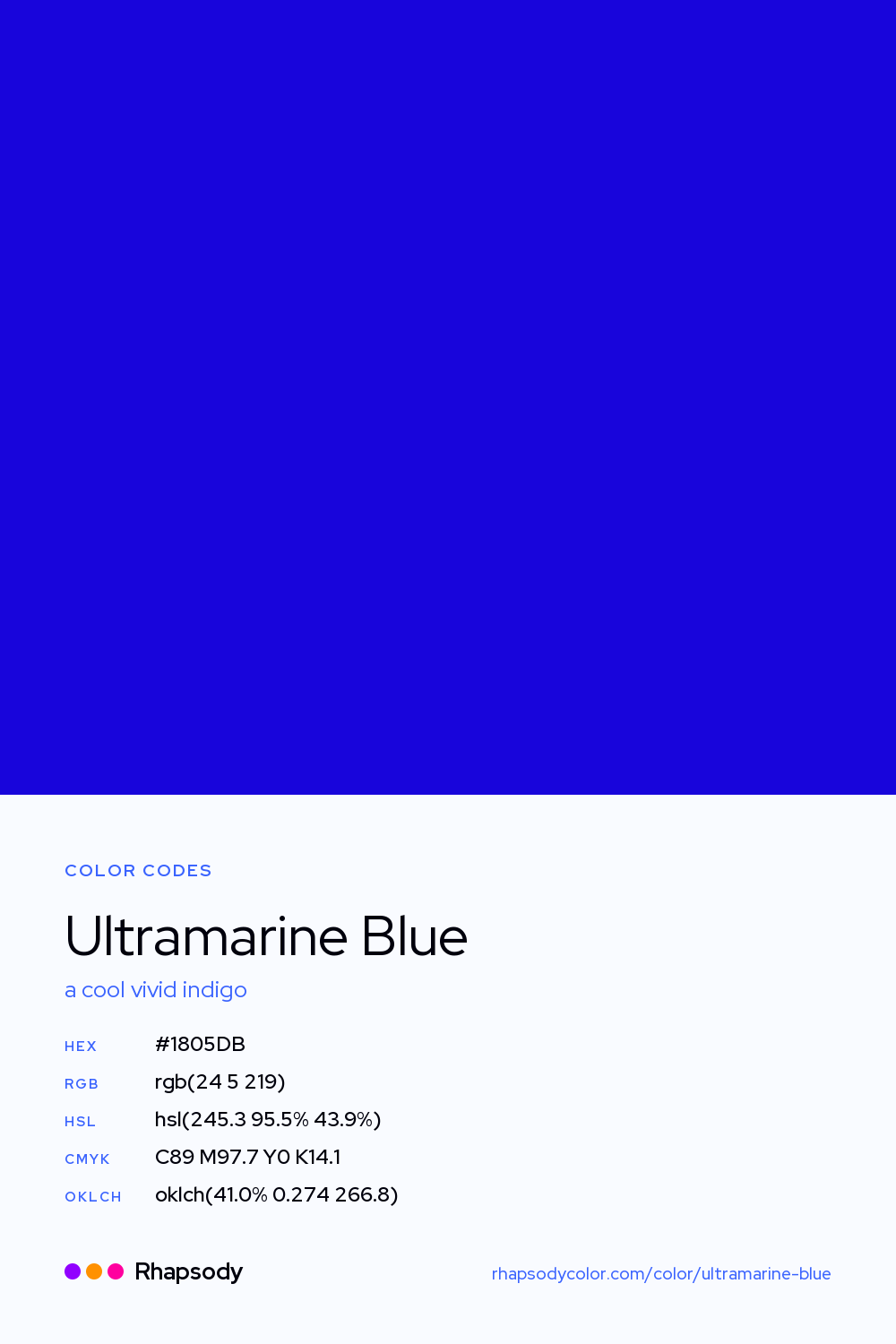 Ultramarine Blue color codes: hex #1805DB, RGB, HSL, CMYK, and OKLCH, from Rhapsody
