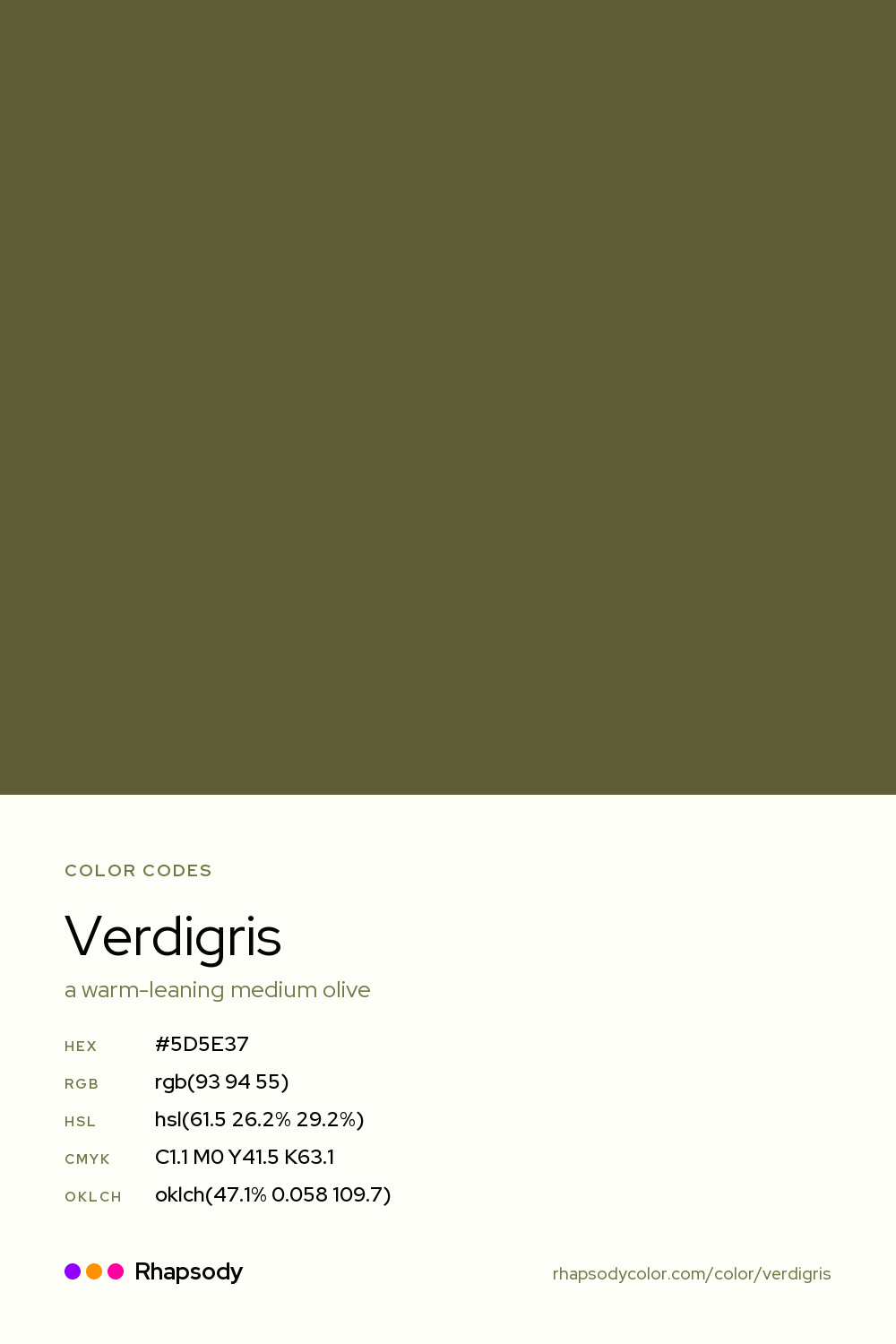 Verdigris color codes: hex #5D5E37, RGB, HSL, CMYK, and OKLCH, from Rhapsody