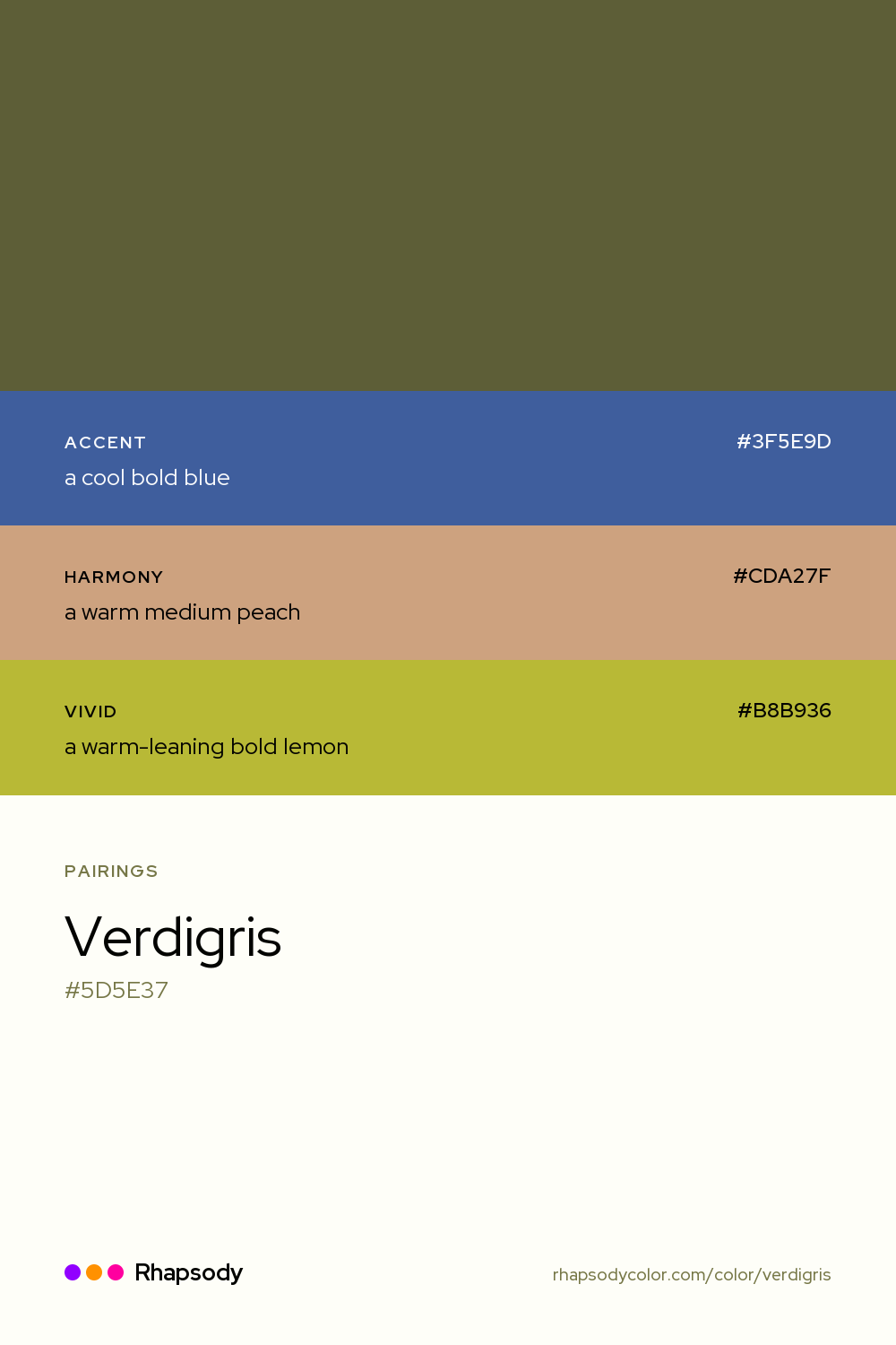 Verdigris paired with a cool bold blue #3F5E9D, a warm medium peach #CDA27F, a warm-leaning bold lemon #B8B936: hex values and roles, from Rhapsody