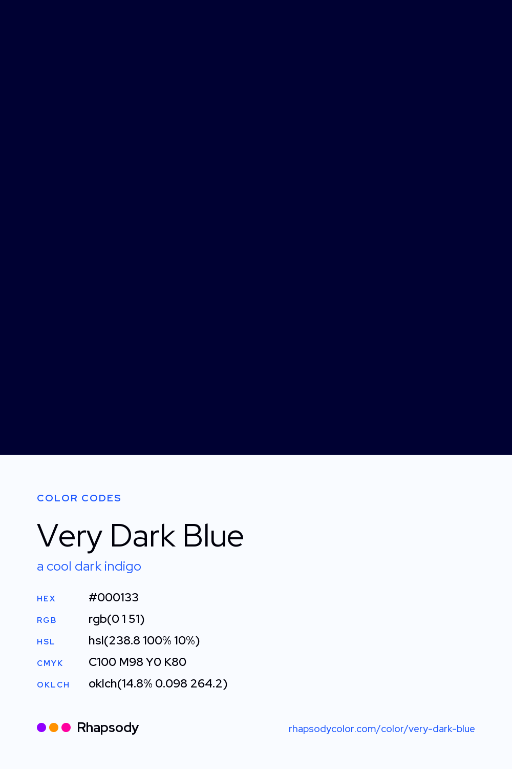 Very Dark Blue color codes: hex #000133, RGB, HSL, CMYK, and OKLCH, from Rhapsody