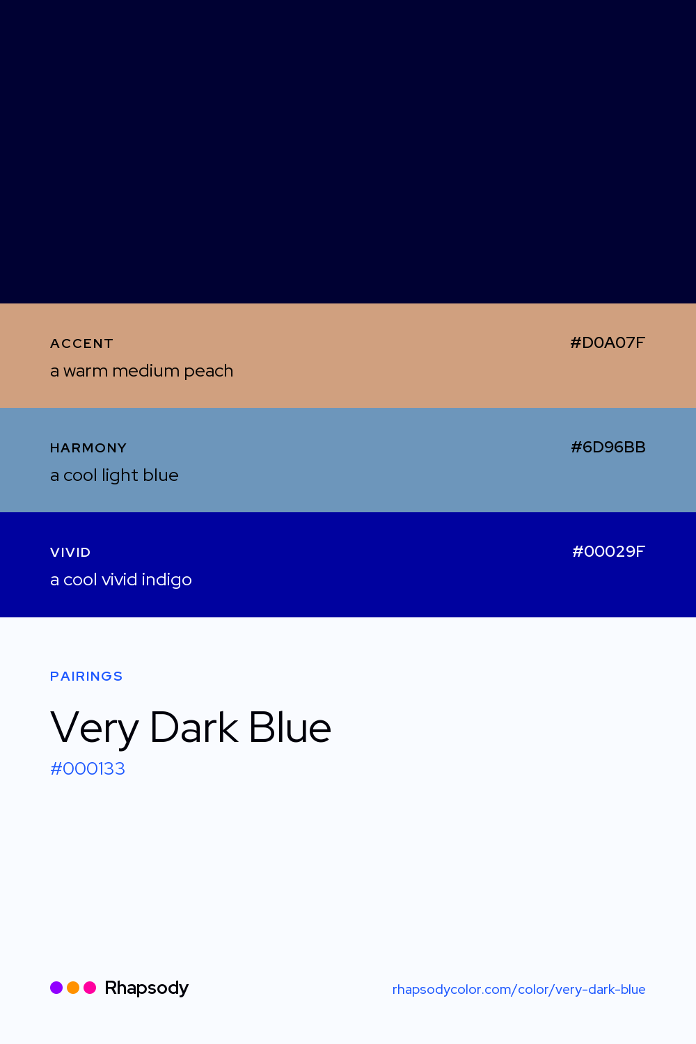 Very Dark Blue paired with a warm medium peach #D0A07F, a cool light blue #6D96BB, a cool vivid indigo #00029F: hex values and roles, from Rhapsody