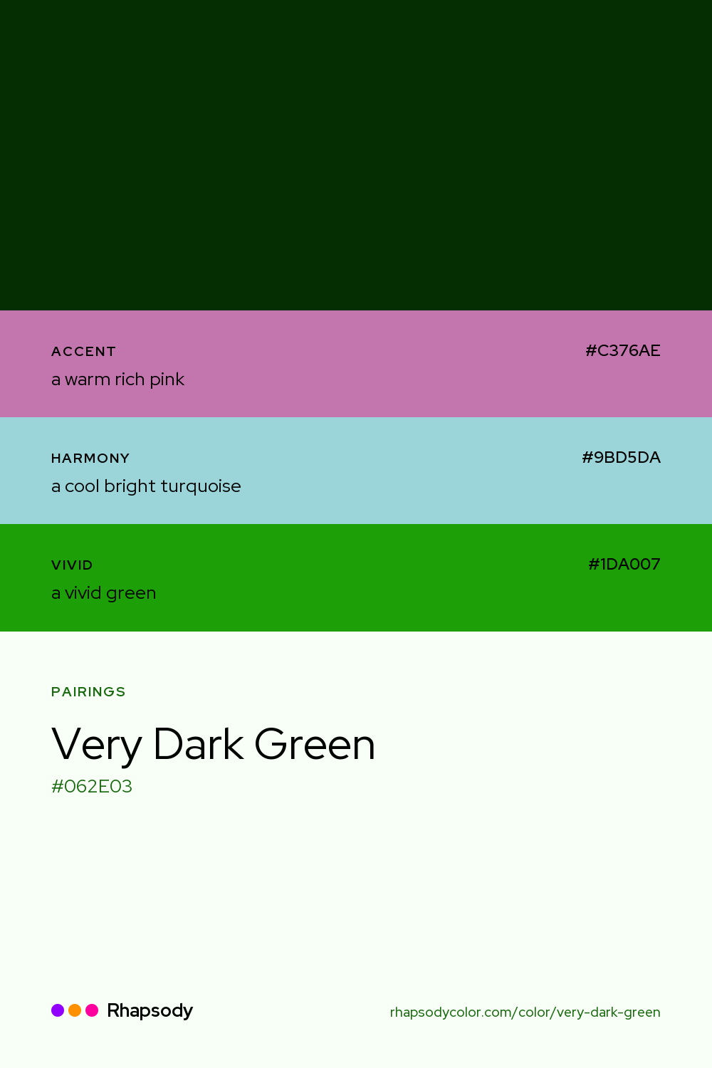 Very Dark Green paired with a warm rich pink #C376AE, a cool bright turquoise #9BD5DA, a vivid green #1DA007: hex values and roles, from Rhapsody