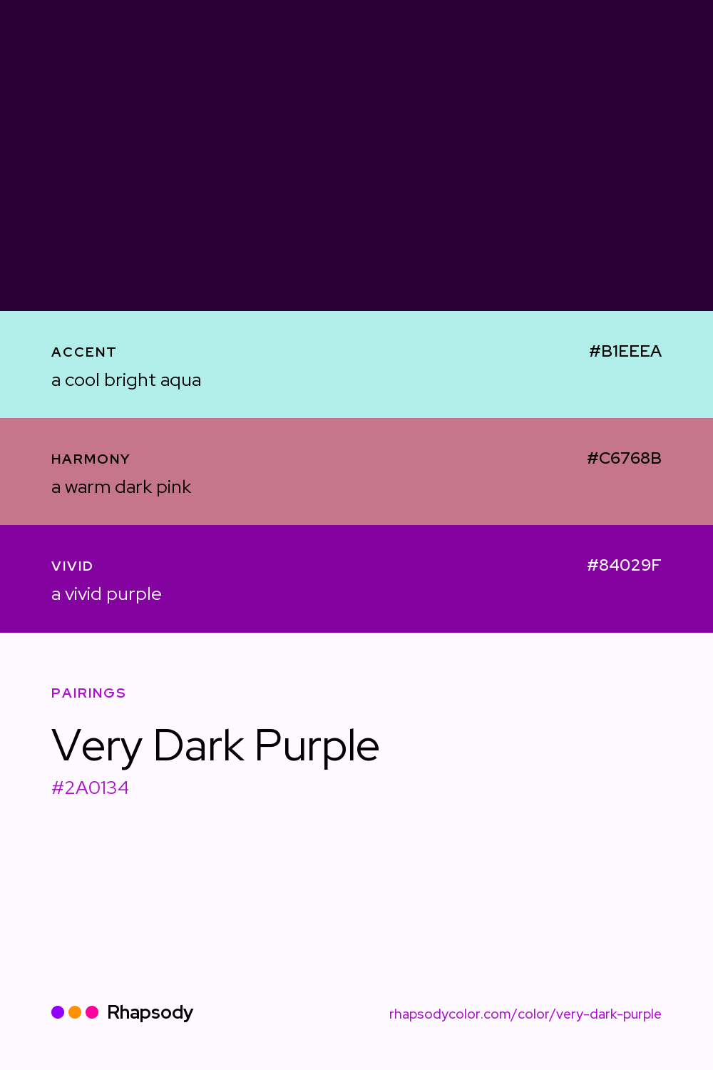 Very Dark Purple paired with a cool bright aqua #B1EEEA, a warm dark pink #C6768B, a vivid purple #84029F: hex values and roles, from Rhapsody