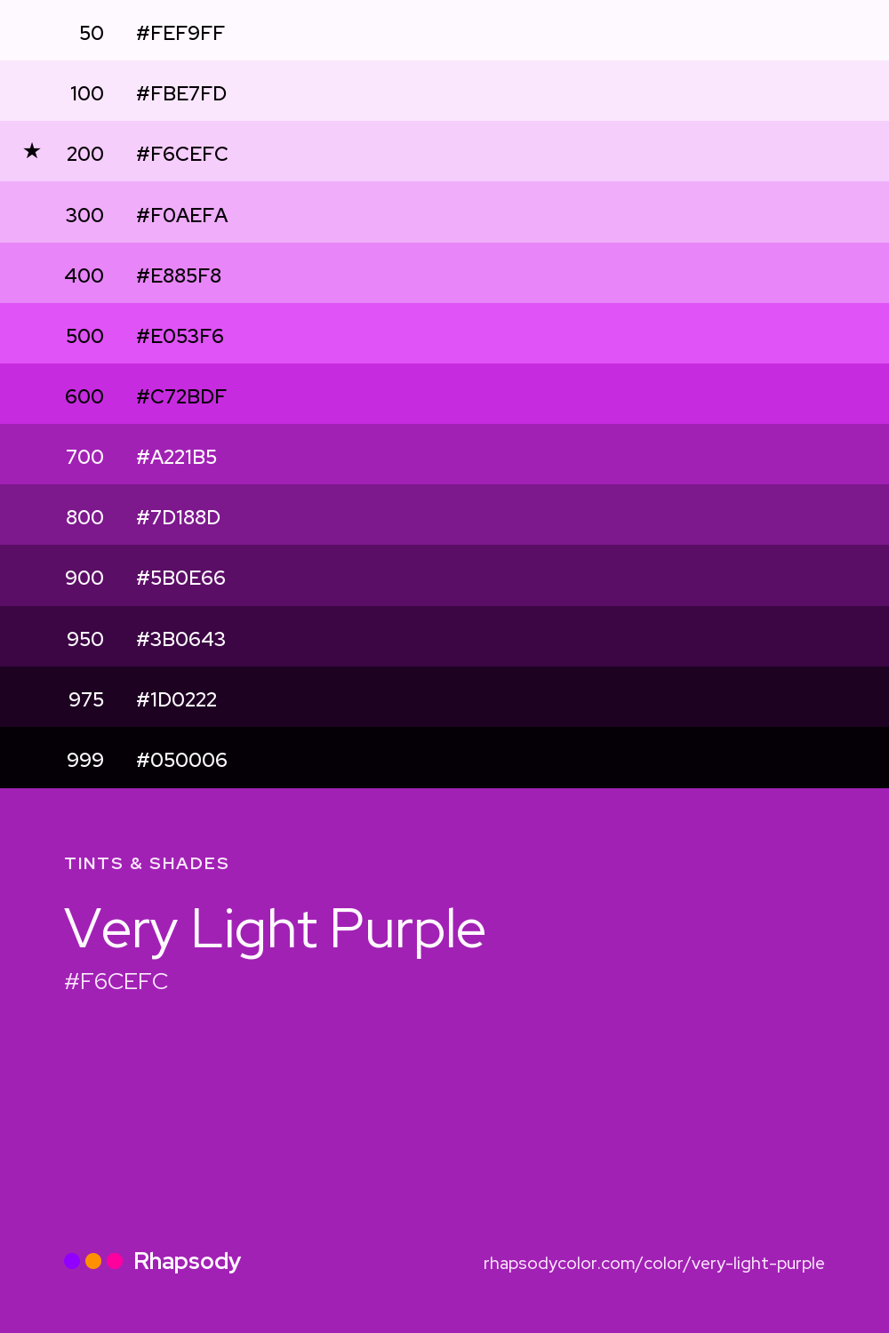 The full tonal scale of Very Light Purple, 13 steps from light to dark with every hex, from Rhapsody