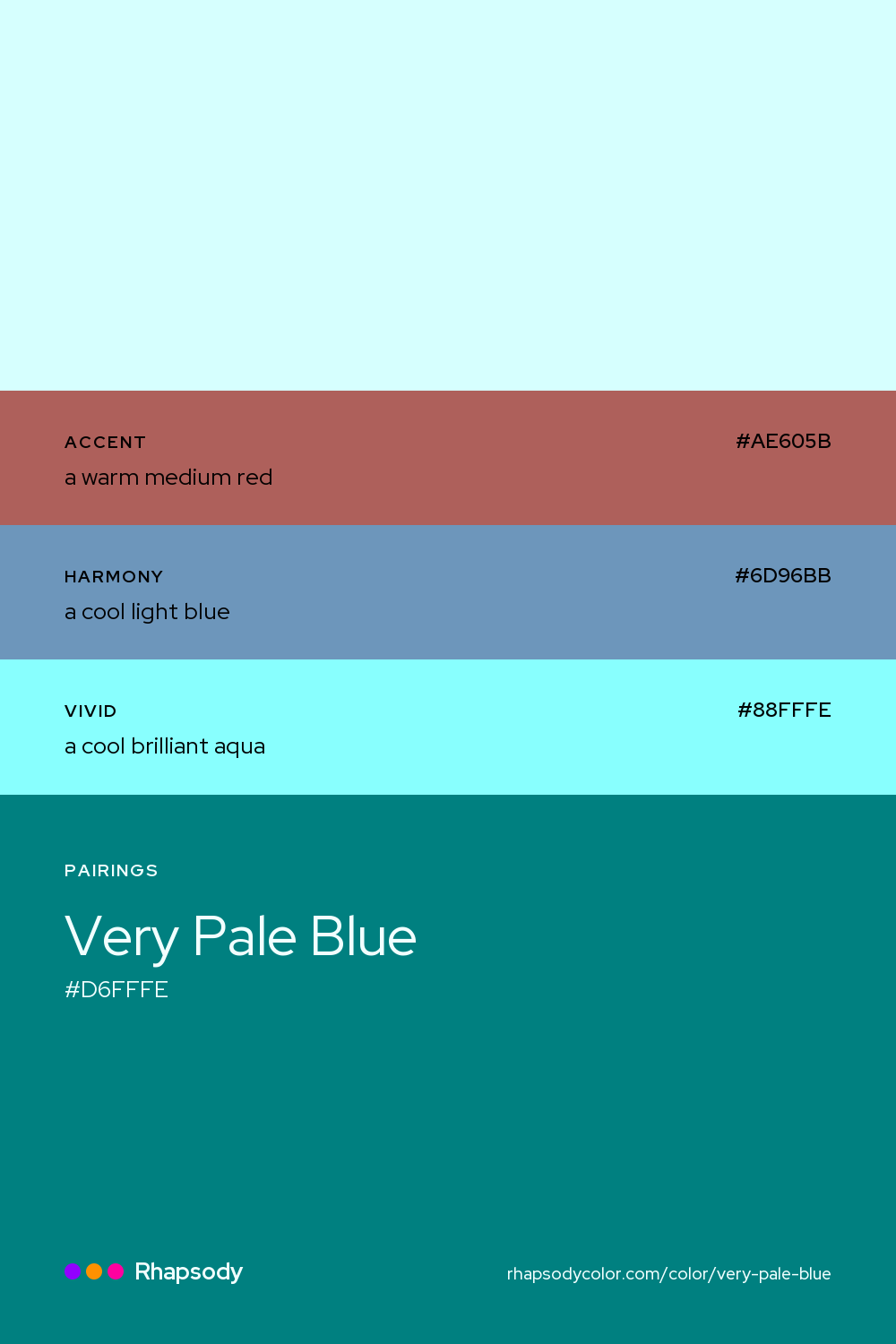 Very Pale Blue paired with a warm medium red #AE605B, a cool light blue #6D96BB, a cool brilliant aqua #88FFFE: hex values and roles, from Rhapsody
