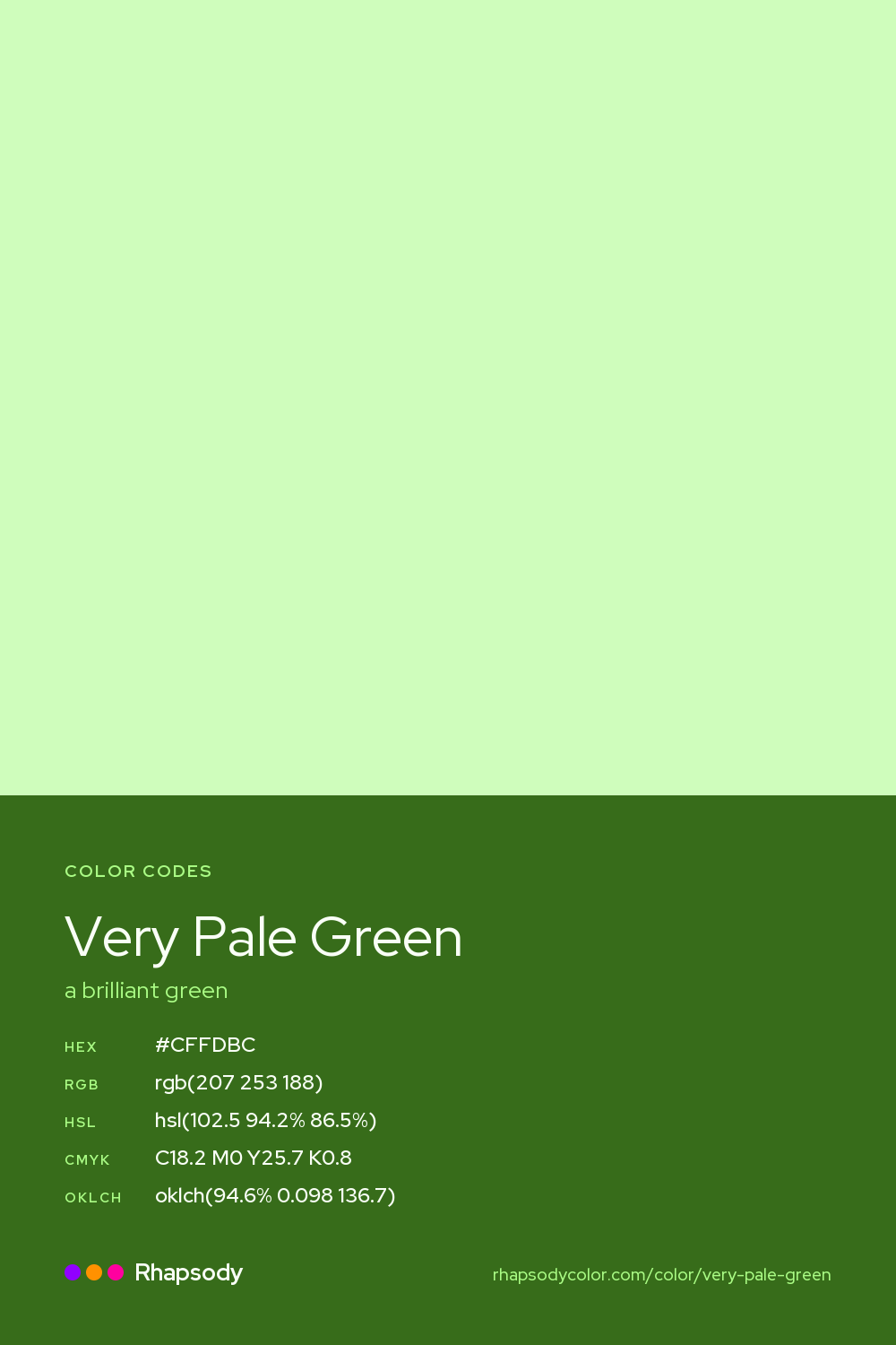 Very Pale Green color codes: hex #CFFDBC, RGB, HSL, CMYK, and OKLCH, from Rhapsody