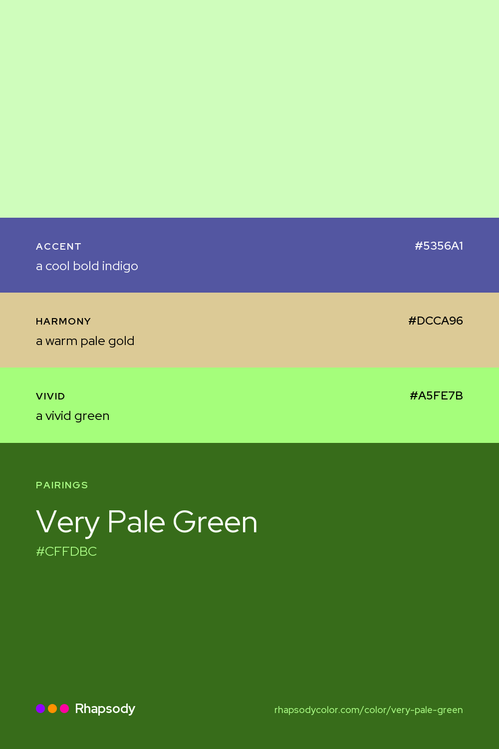 Very Pale Green paired with a cool bold indigo #5356A1, a warm pale gold #DCCA96, a vivid green #A5FE7B: hex values and roles, from Rhapsody