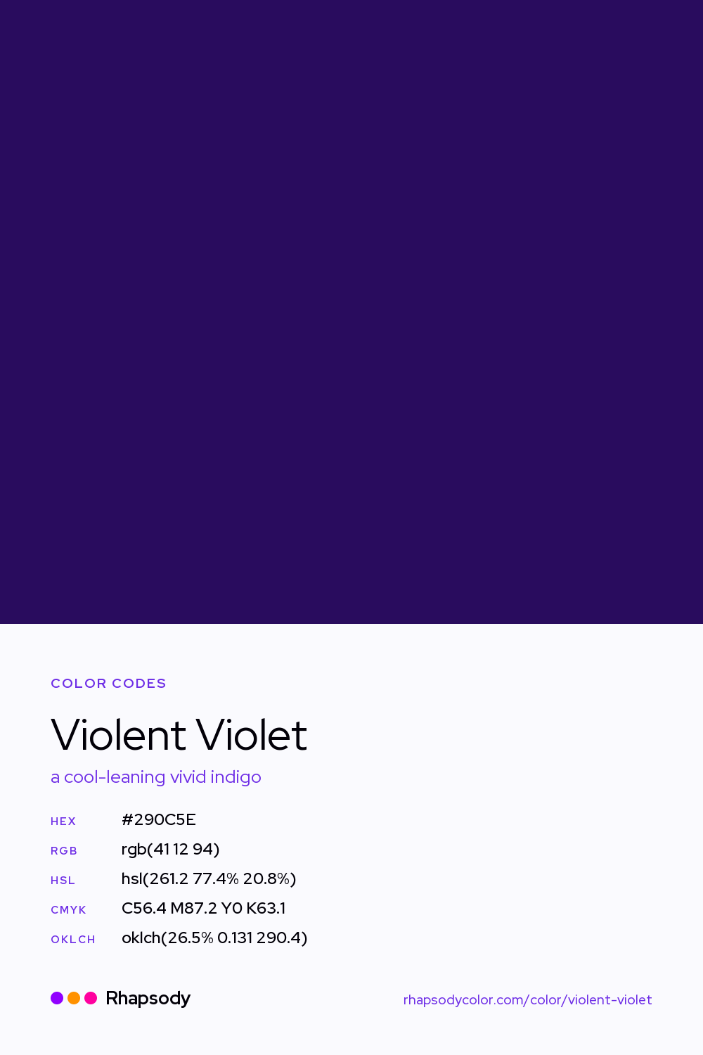 Violent Violet color codes: hex #290C5E, RGB, HSL, CMYK, and OKLCH, from Rhapsody