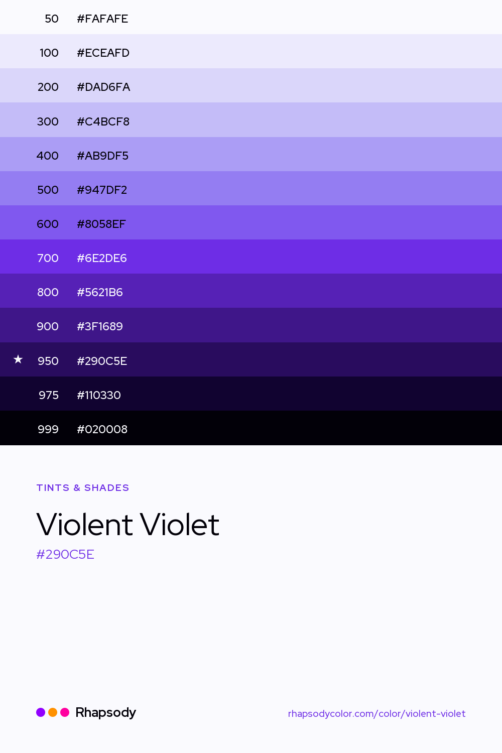 The full tonal scale of Violent Violet, 13 steps from light to dark with every hex, from Rhapsody