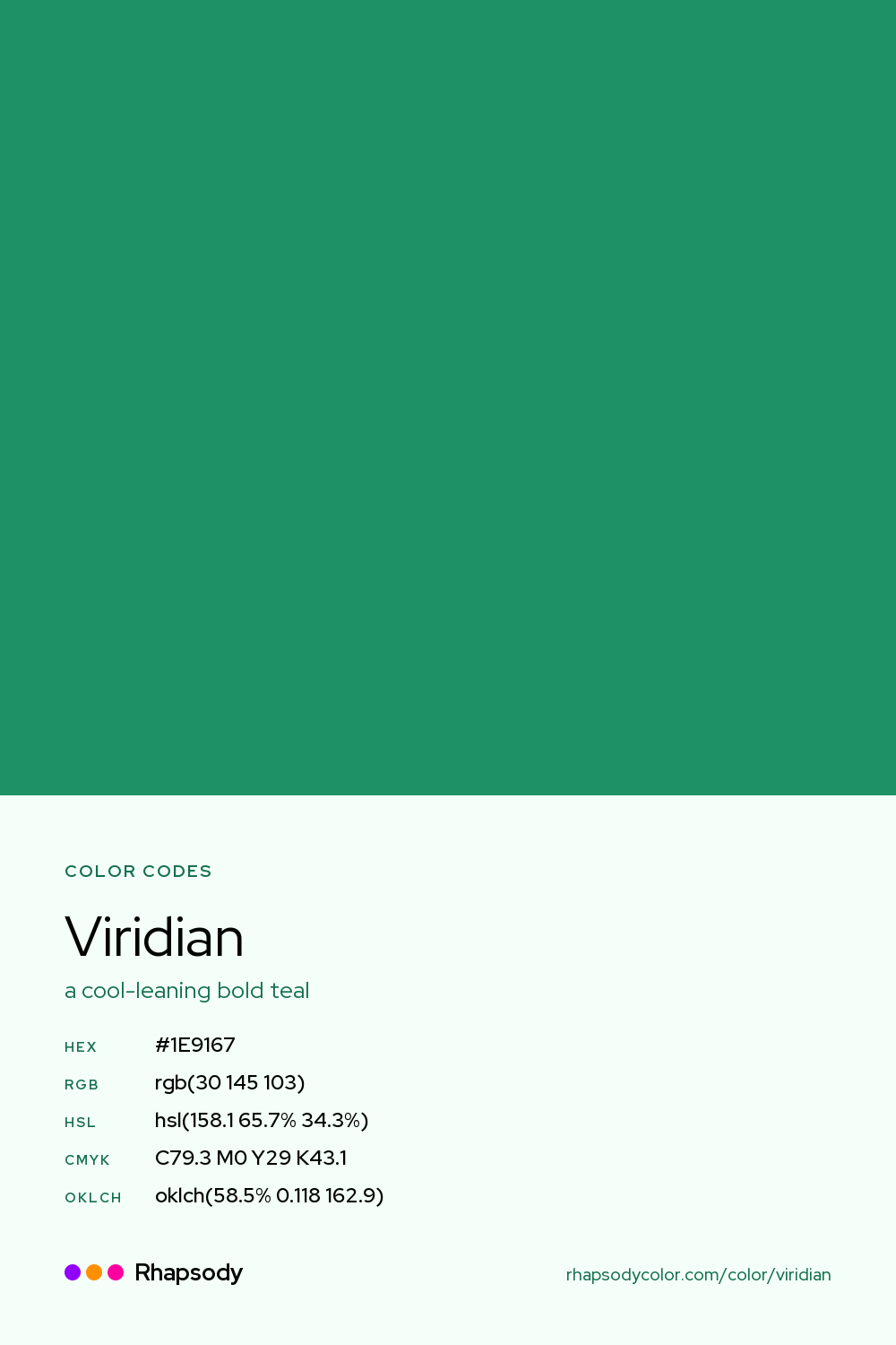 Viridian color codes: hex #1E9167, RGB, HSL, CMYK, and OKLCH, from Rhapsody