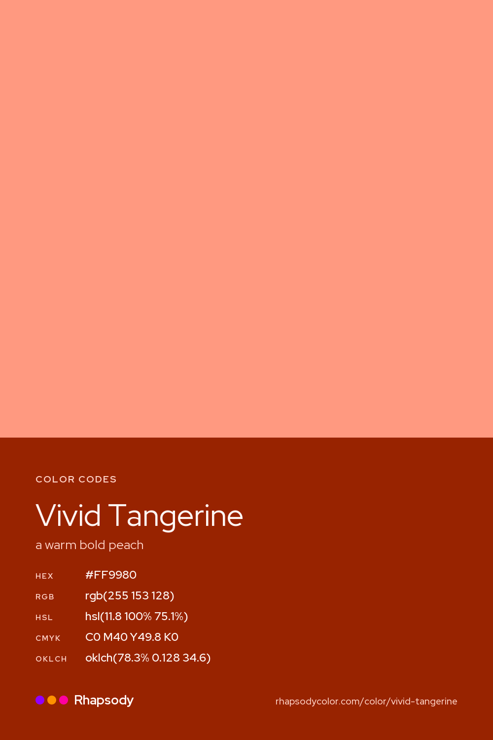 Vivid Tangerine color codes: hex #FF9980, RGB, HSL, CMYK, and OKLCH, from Rhapsody