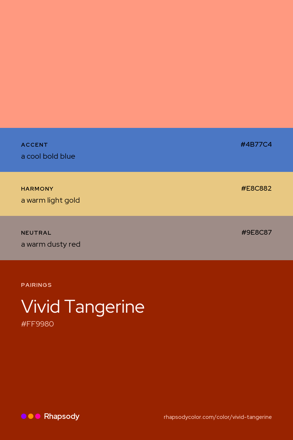 Vivid Tangerine paired with a cool bold blue #4B77C4, a warm light gold #E8C882, a warm dusty red #9E8C87: hex values and roles, from Rhapsody