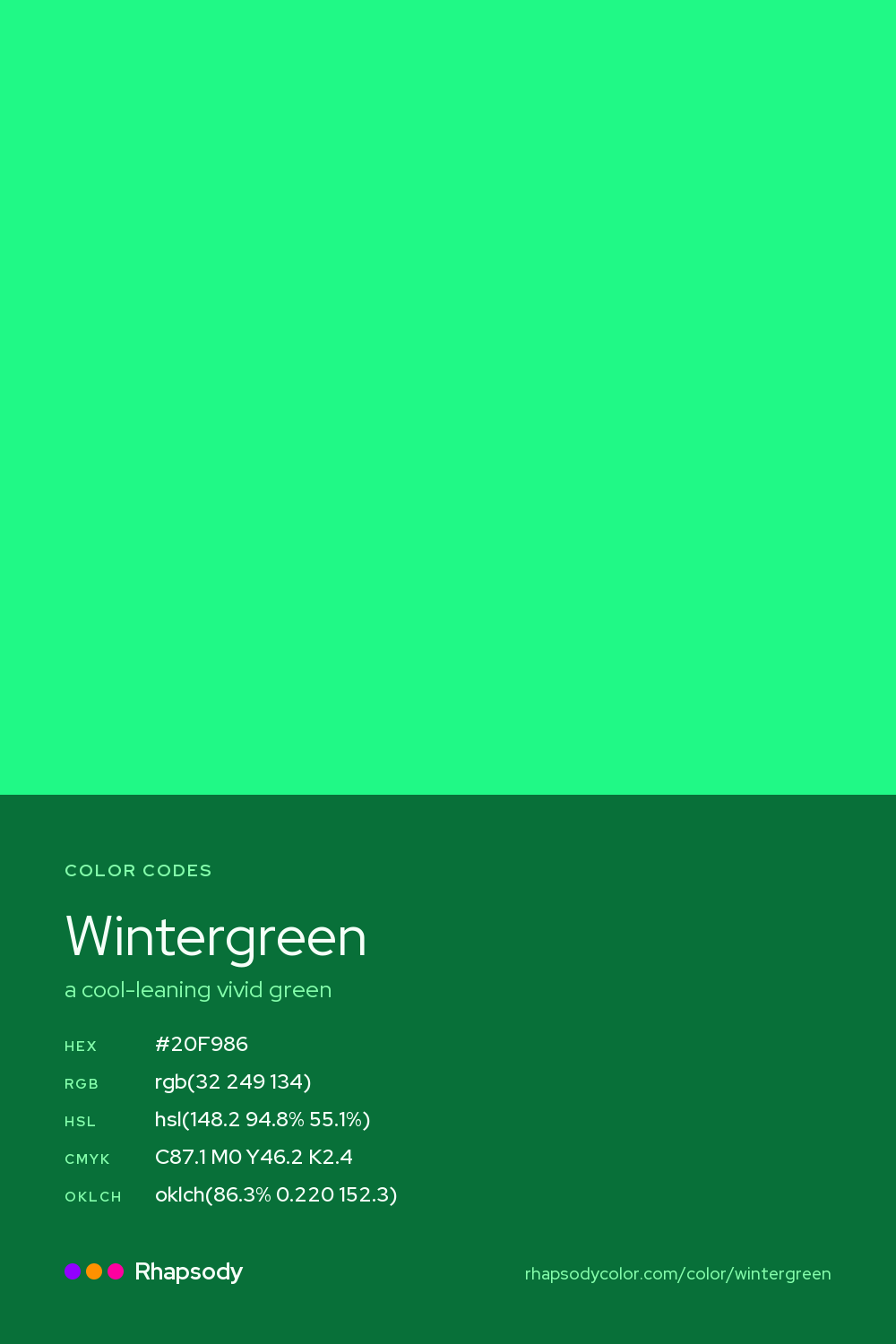Wintergreen color codes: hex #20F986, RGB, HSL, CMYK, and OKLCH, from Rhapsody