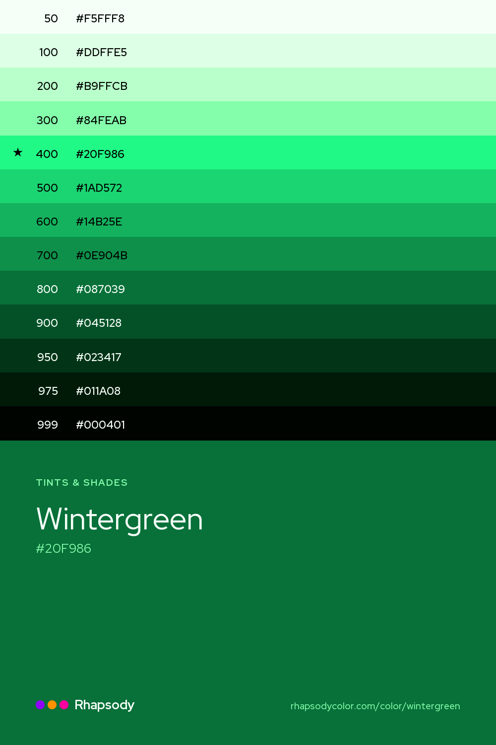 The full tonal scale of Wintergreen, 13 steps from light to dark with every hex, from Rhapsody