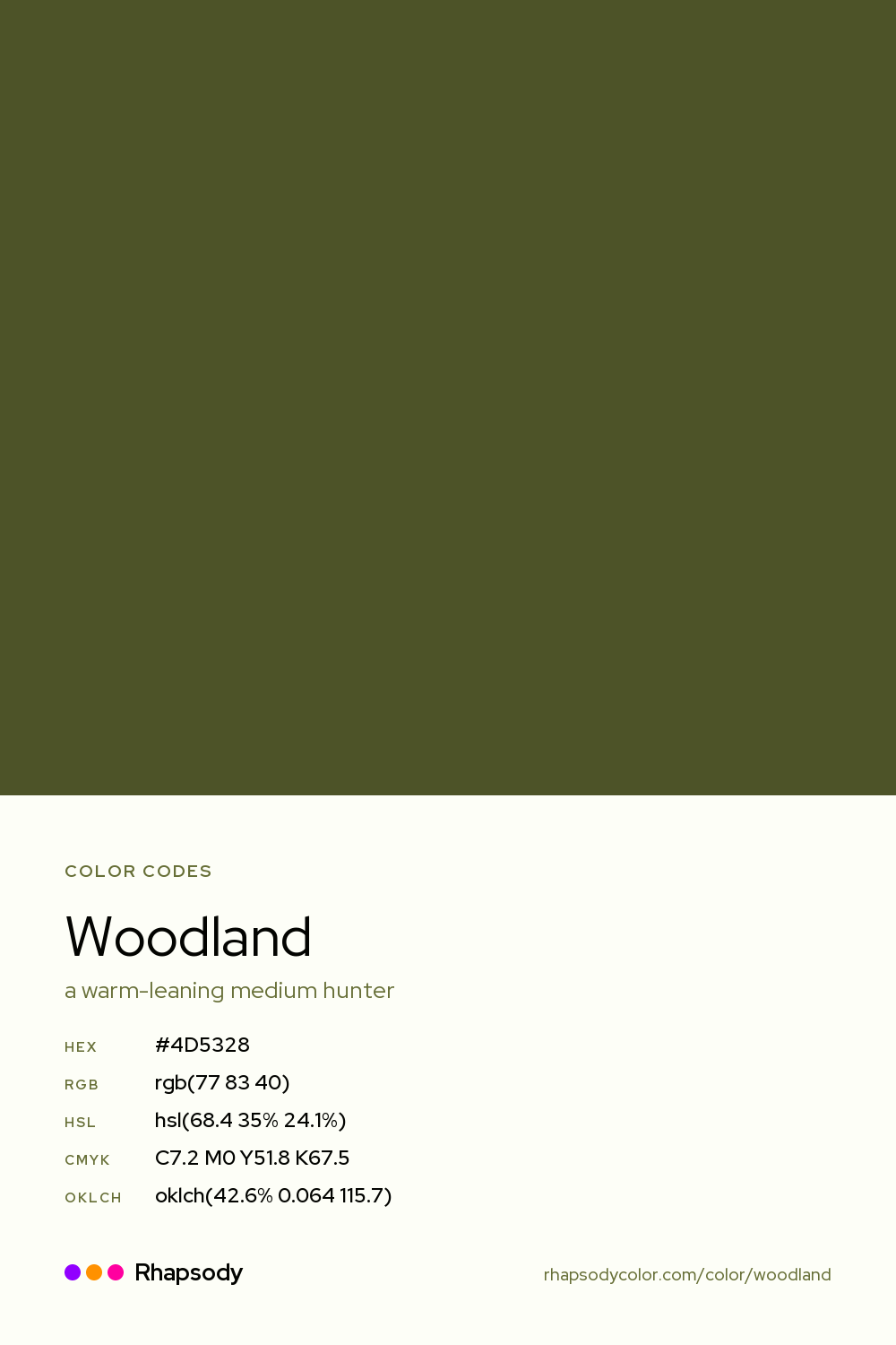 Woodland color codes: hex #4D5328, RGB, HSL, CMYK, and OKLCH, from Rhapsody