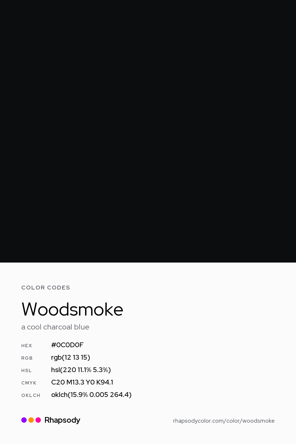 Woodsmoke color codes: hex #0C0D0F, RGB, HSL, CMYK, and OKLCH, from Rhapsody